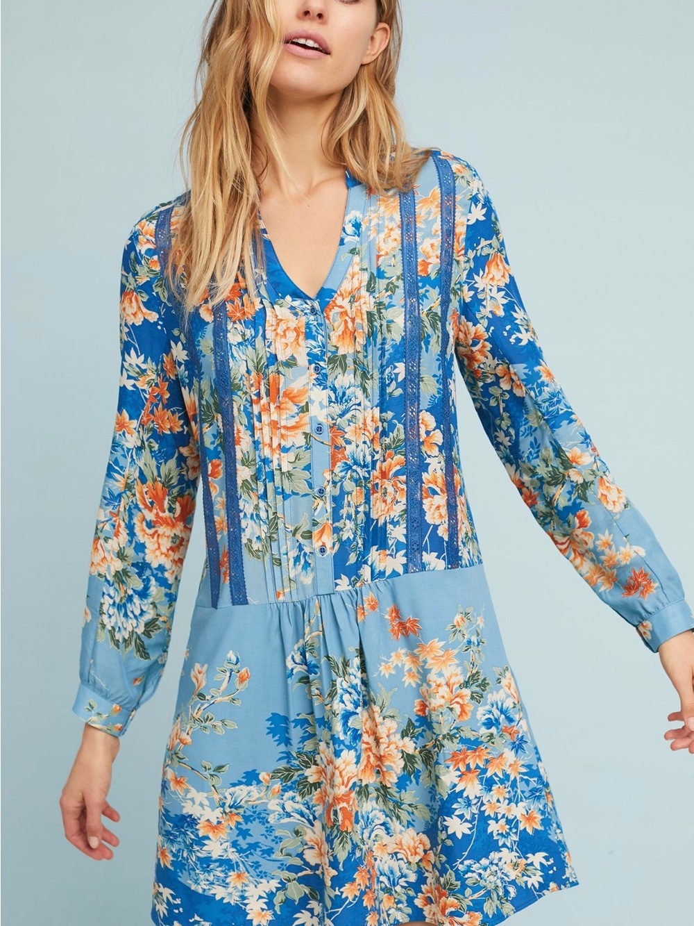 Anthropologie Blue Floral Button-Front V-Neck Dress